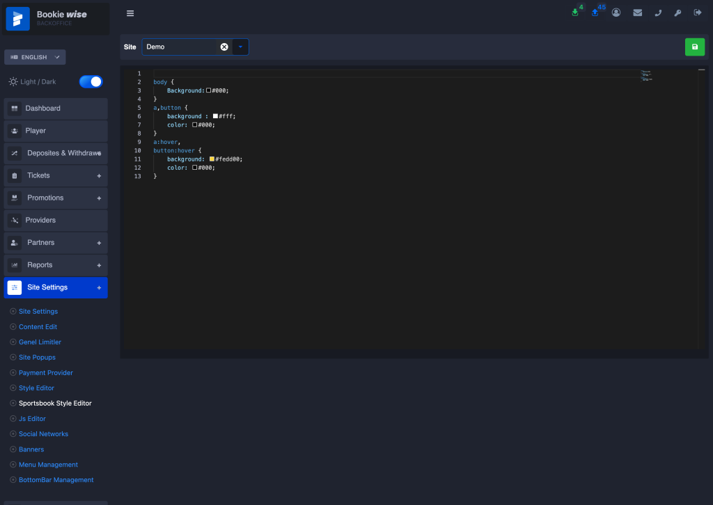 One of the UI style editing tools within the Bookiewise Backoffice is a CSS editor designed with the VSCODE application. Customize your site interface quickly and as you desire